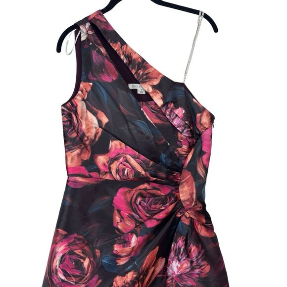 Kay Unger Iris Oxblood Multi Floral One-Shoulder Handkerchief Hem Midi Size 6 - Picture 5 of 13